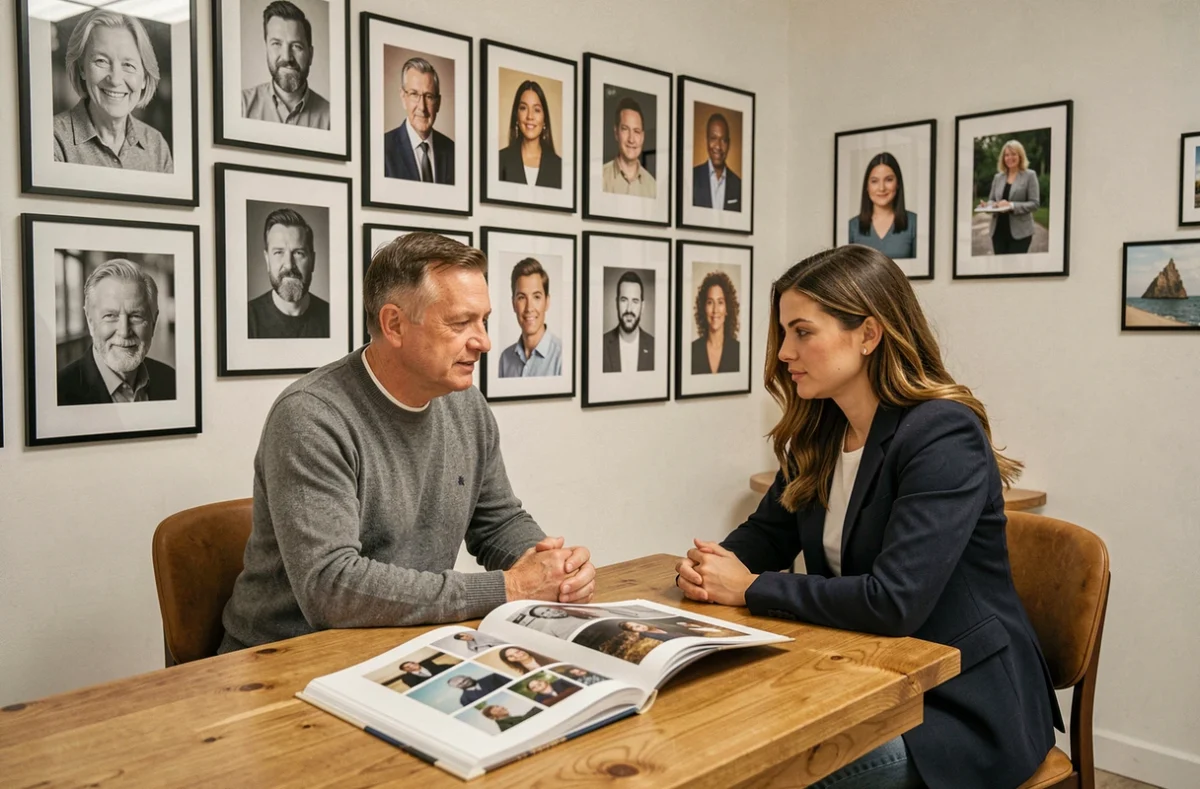 Consultation de portfolio dans la réception d'un studio photo avec galerie de portraits encadrés et livre de présentation ouvert sur table en bois