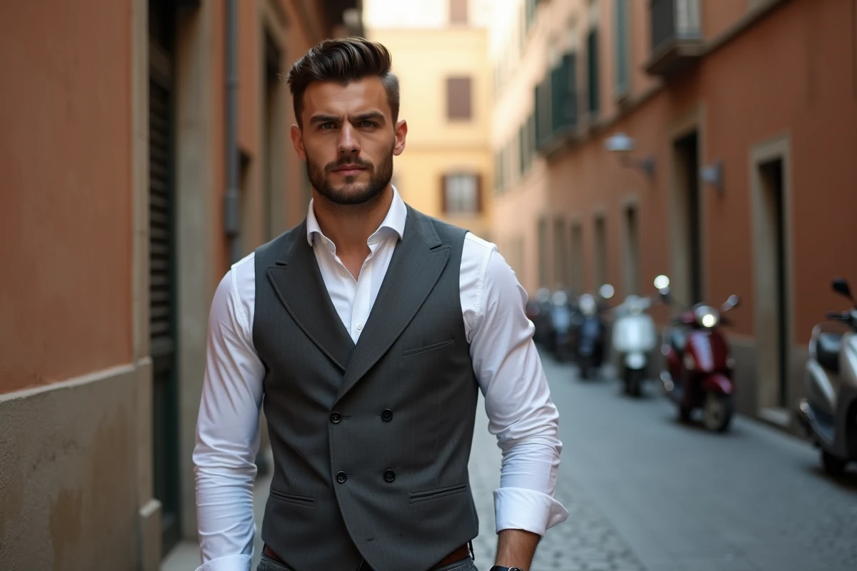 Homme au style mafieux italien avec pompadour slické posant dans une ruelle romaine en pierre
