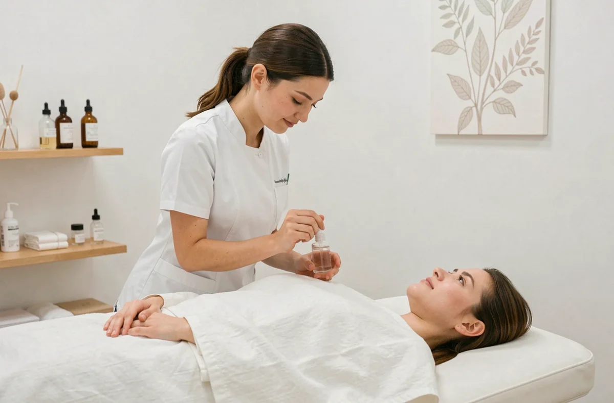 Esthéticienne appliquant un soin du visage sur une cliente dans la cabine épurée de Syiskin Institut