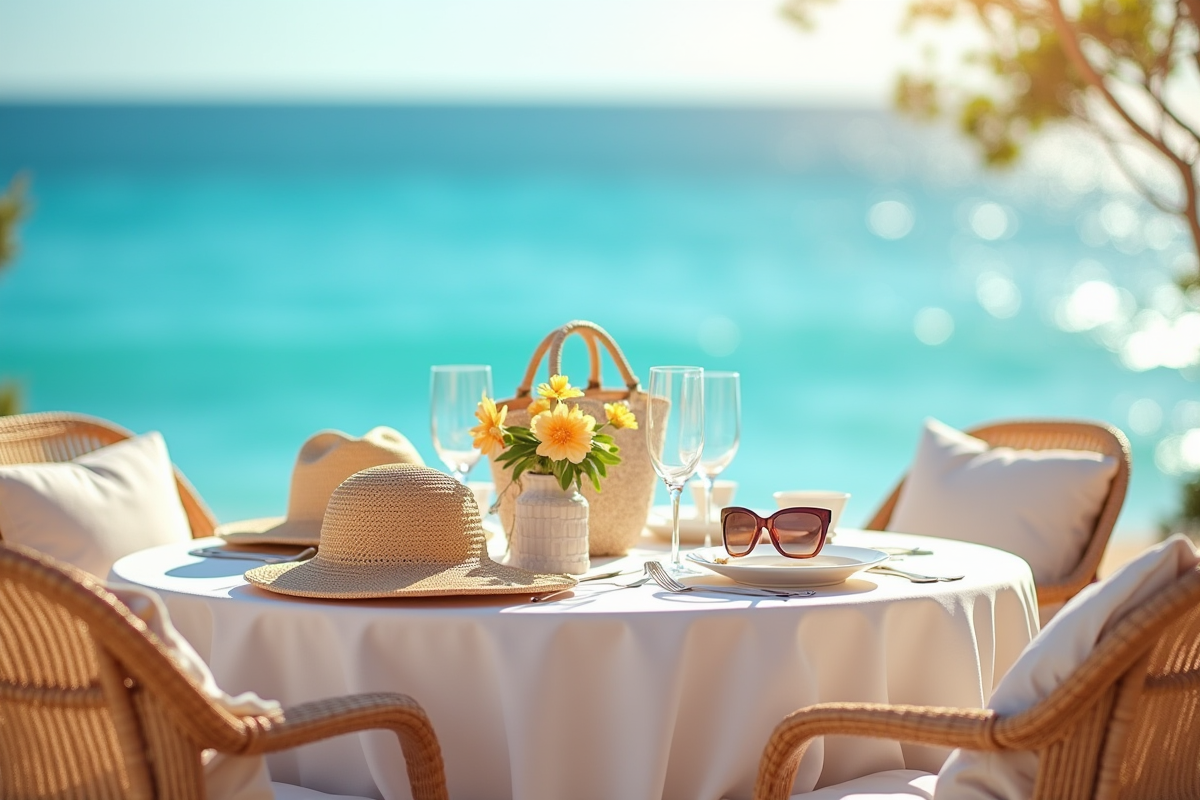 Table de fête sur la plage avec chapeaux et lunettes de soleil