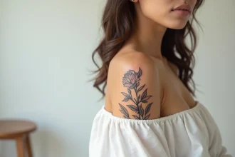 Tatouage floral femme sur l'épaule et la clavicule avec motifs de roses en fine ligne sur peau mate