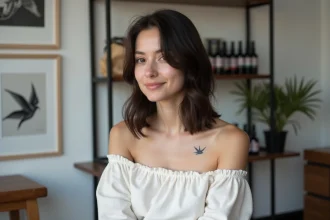 Jeune femme montrant un tatouage hirondelle discret sous la clavicule dans un studio de tatouage minimaliste