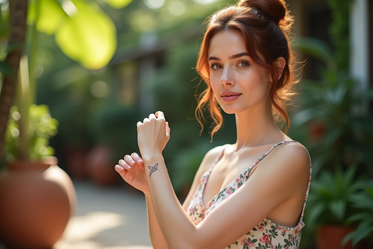 Femme montrant un petit tatouage hirondelle au poignet dans un jardin botanique en plein air