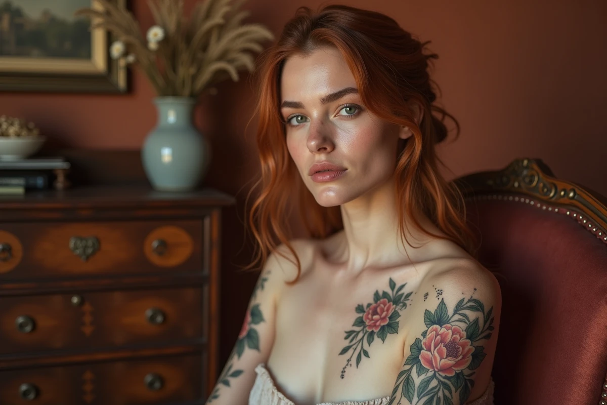 Femme aux cheveux auburn avec tatouage floral pivoine sur épaule et clavicule dans un intérieur bohème