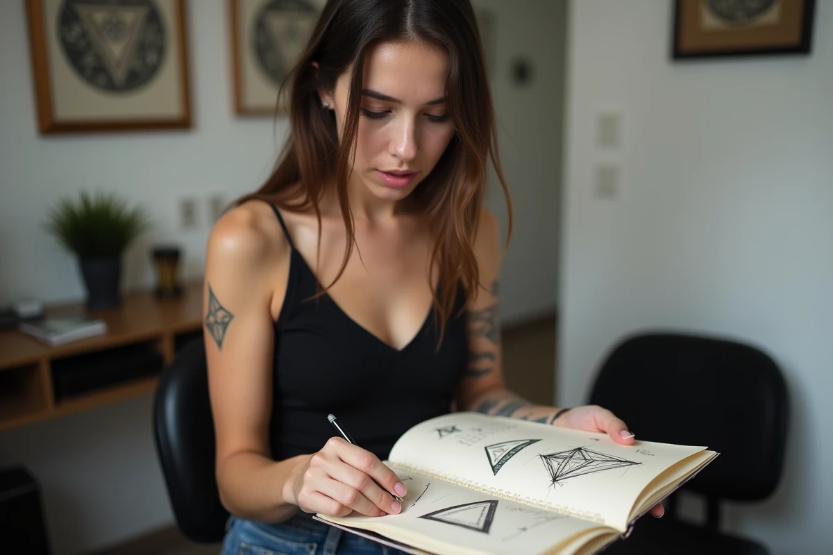 Femme étudiant des esquisses de tatouages triangles et valknut dans un studio de tatouage