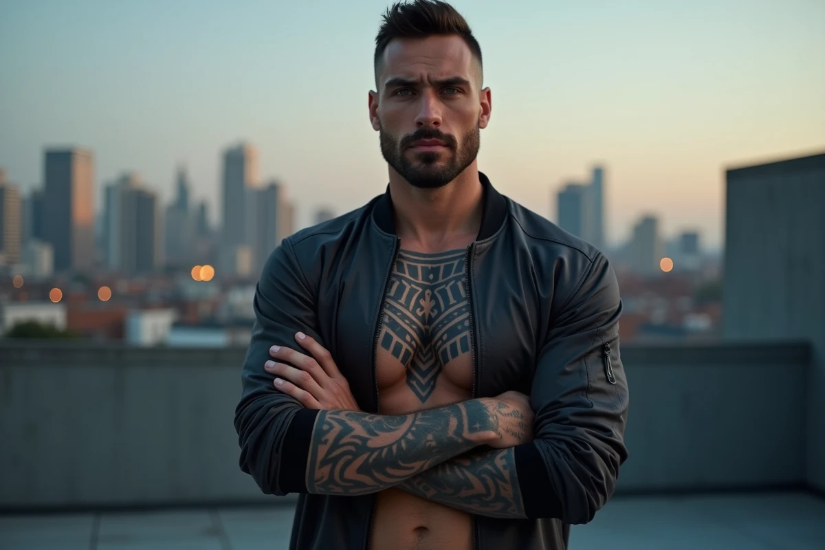 Homme sportif avec grand tatouage tribal aztèque sur le torse photographié sur un toit urbain