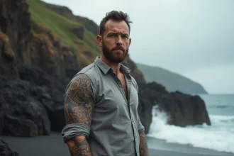 Homme avec tatouage tribal polynésien sur le bras devant des falaises rocheuses au bord de la mer