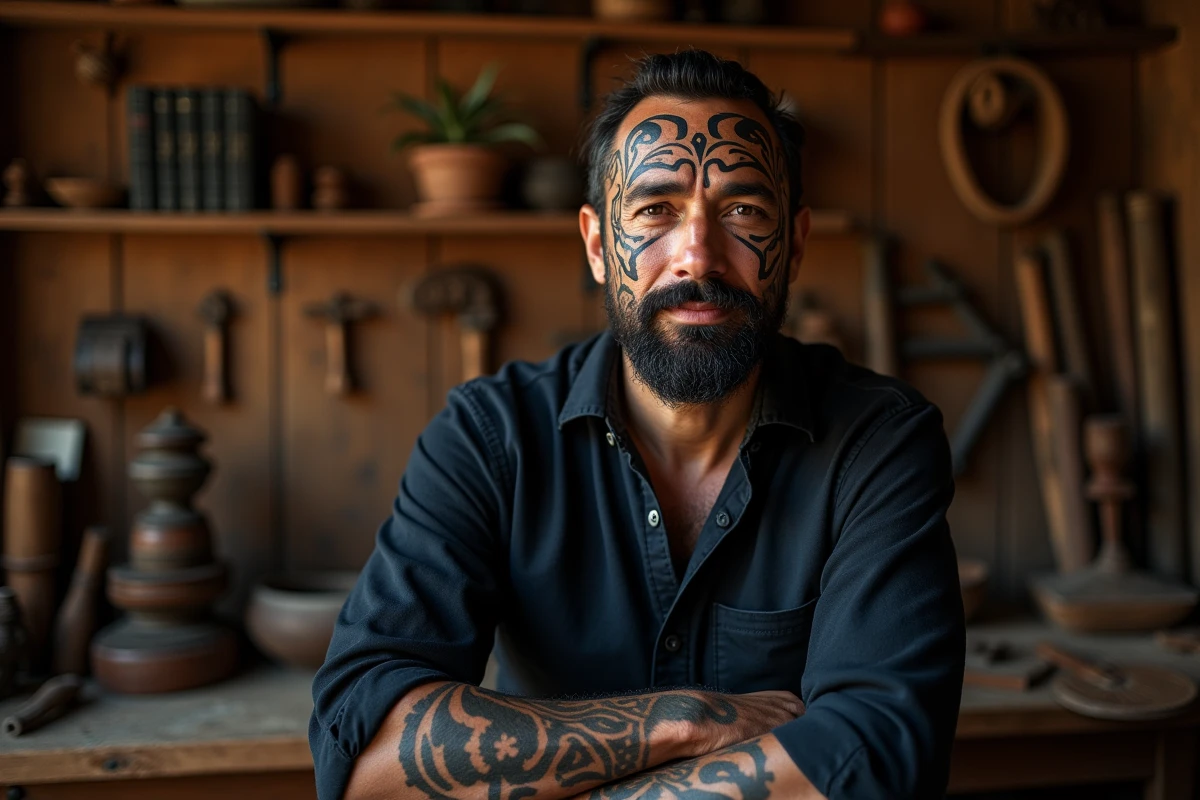 Homme d'origine maorie avec tatouage tā moko traditionnel sur le visage dans un atelier en bois