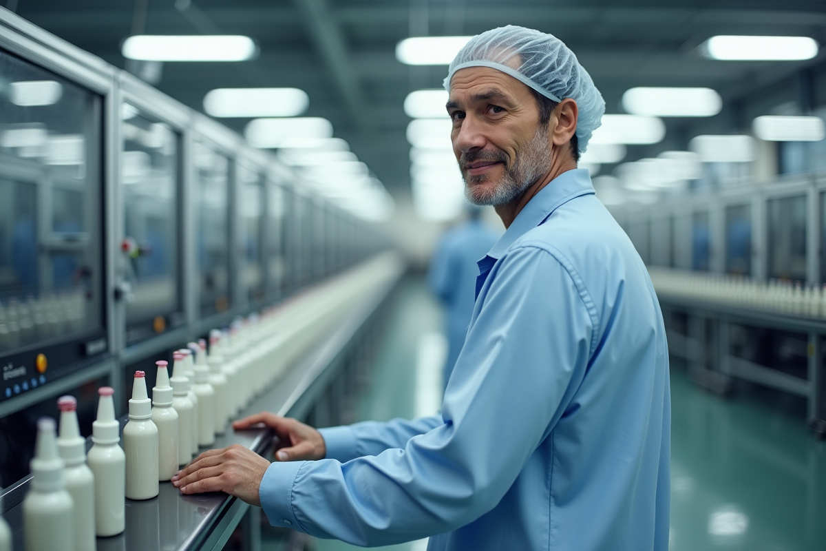 Technicien en uniforme surveillant la production de cosmétiques en usine