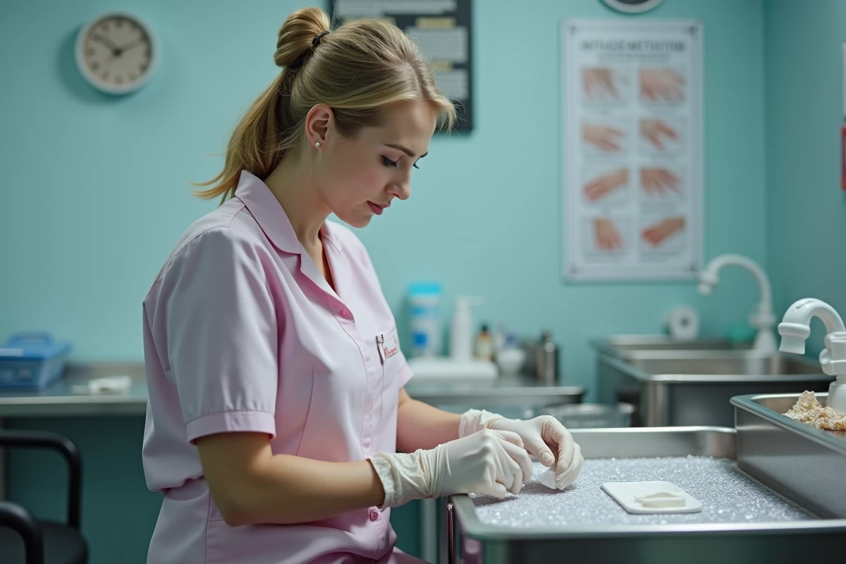 Technicienne nettoie des outils de manucure dans un espace propre