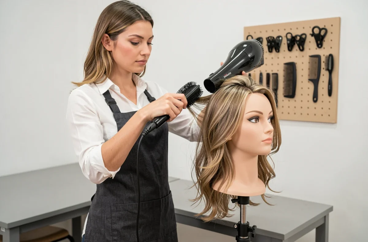 Coiffeuse professionnelle réalisant une technique de brushing pour donner du volume à une coupe de cheveux mi-longue