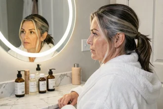 Femme dans la quarantaine examinant sa transition cheveux gris naturels devant un miroir de salle de bain