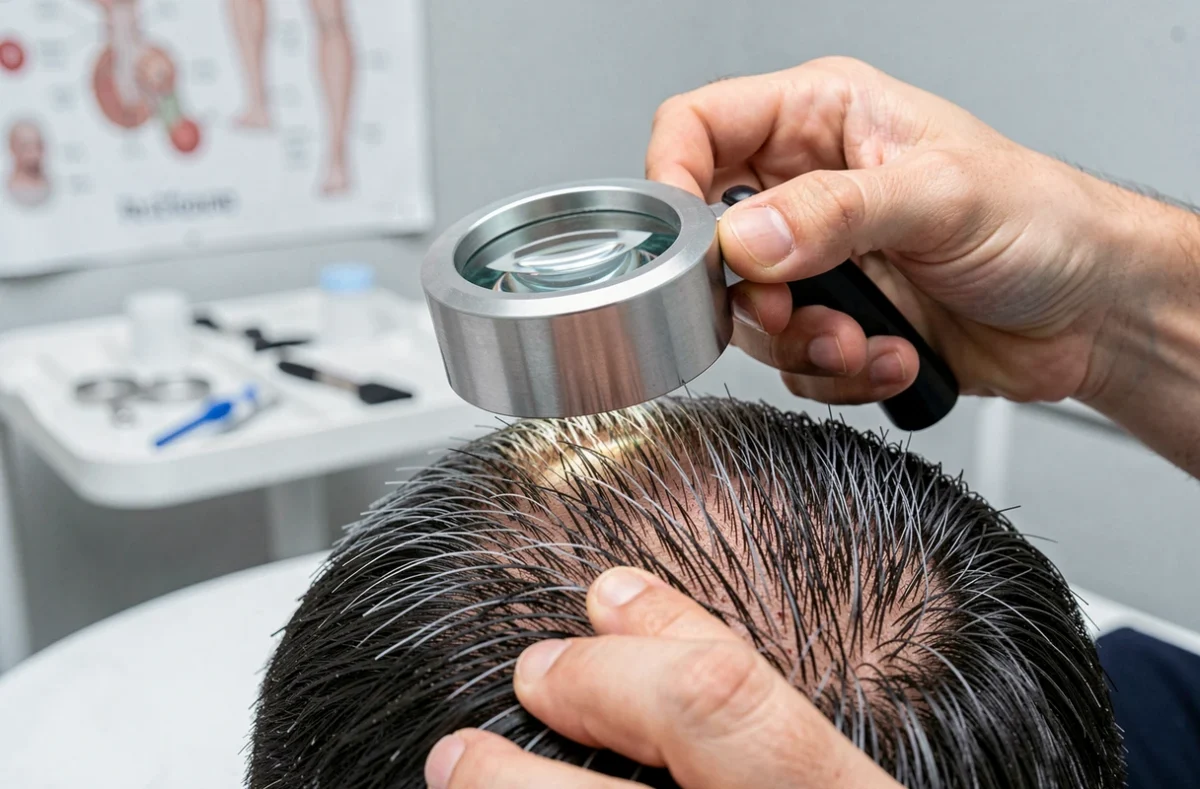 Gros plan des mains d'un trichologue utilisant une loupe dermatologique pour analyser des cheveux blancs prématurés sur le cuir chevelu d'un jeune patient