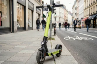 Trottinette électrique Lidl verte et noire garée sur un trottoir urbain, vue de trois quarts