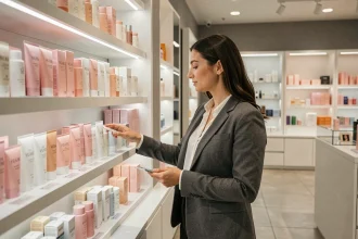 Employée L'Oréal consultant des produits cosmétiques lors d'une vente au personnel en magasin