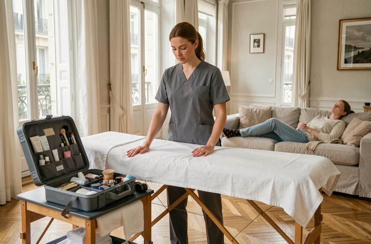 Esthéticienne à domicile installant sa table de massage et ses produits dans un appartement de Boulogne-Billancourt pour Yzabel à Domicile